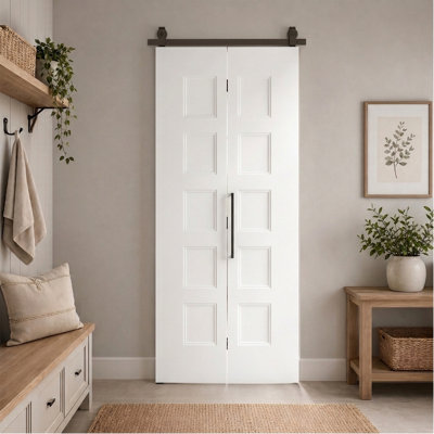 36"X84" 5-Panel Smooth White Primed Composite Interior Bi-Fold Barn Door, Hollow-Core Door With Hardware Include