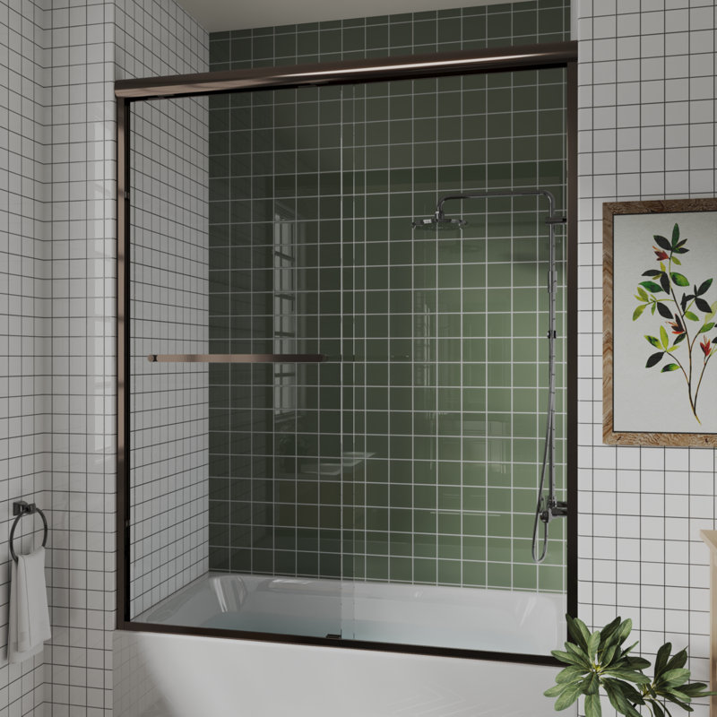 56 po à 60 po X P 58 po Porte de baignoire coulissante en H avec verre transparent, Bronze frotté à l'huile