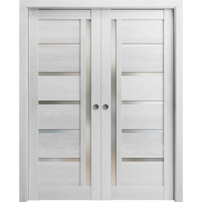 Portes coulissantes françaises doubles à galandage en verre dépoli Quadro 4088, kit de moulures en chêne gris pâle, quincaillerie de rail, bois massif, intérieur de chambre, portes robustes 56 po x 84 po (2 x 28 x 84 po)