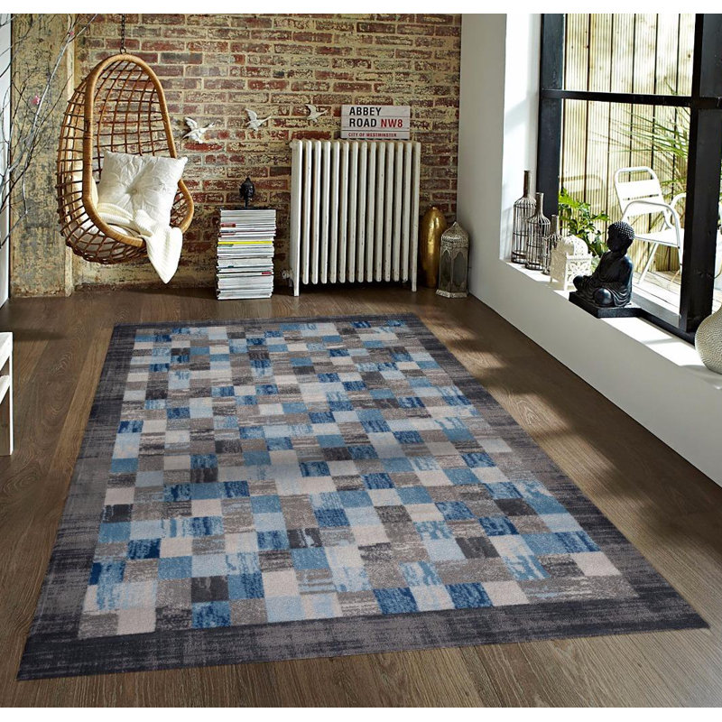 Tapis d'intérieur / extérieur carreauté gris / bleu Artimacormick, Rectangle 10 pi x 13 pi