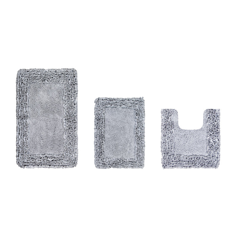 Ensemble de tapis pour salle de bain 100% coton 1775 g / m² 3 pièces Courson, certifié OEKO-TEX®, envers en latex antidérapant, motif de volants touffetés moelleux, super absorbant, tapis de salle de bain lavables à la machine, argent