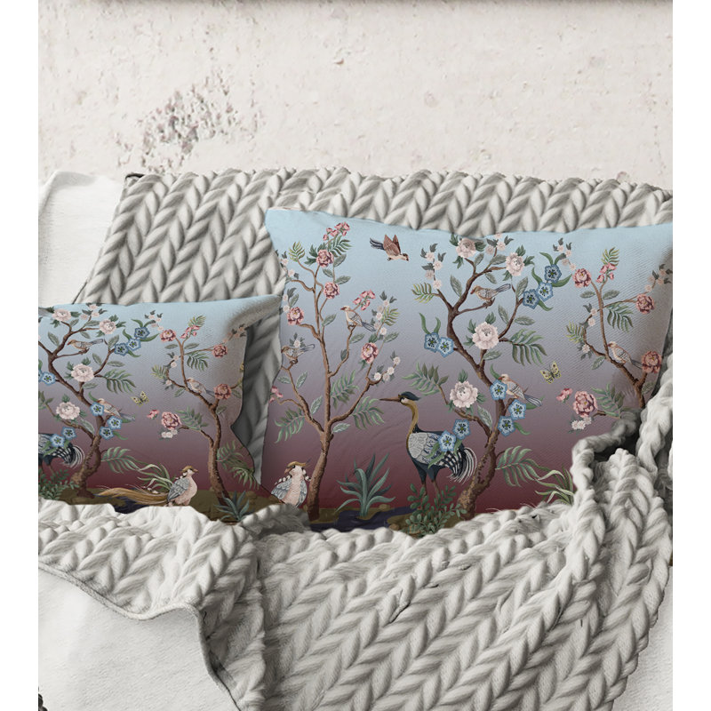 Carré, chinoiserie avec oiseaux et pivoines - coussin décoratif traditionnel, 18" x 18"