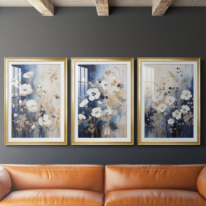 FLORAL Series CECII - Impression sur mesure encadrée de qualité supérieure - 3 pièces, H 15 po x l 19 po, Doré