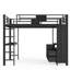 Grand lit mezzanine en métal avec bureau, tablettes, poteau de corde à linge, panneau perforé de rangement et sac à linge