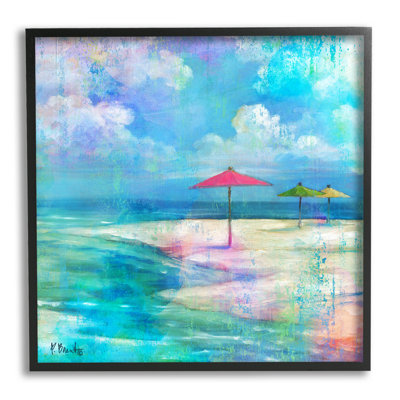 «Umbrella Beachscape Watercolor Mirage» par Paul Brent - Peinture sur bois