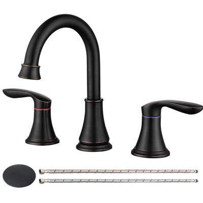Robinet de salle de bain espacé en bronze huilé de 8 po - conception à 2 poignées, 3 trous, bec pivotant sur 360 °, bonde escamotable, levier en métal, contrôle précis de l'eau