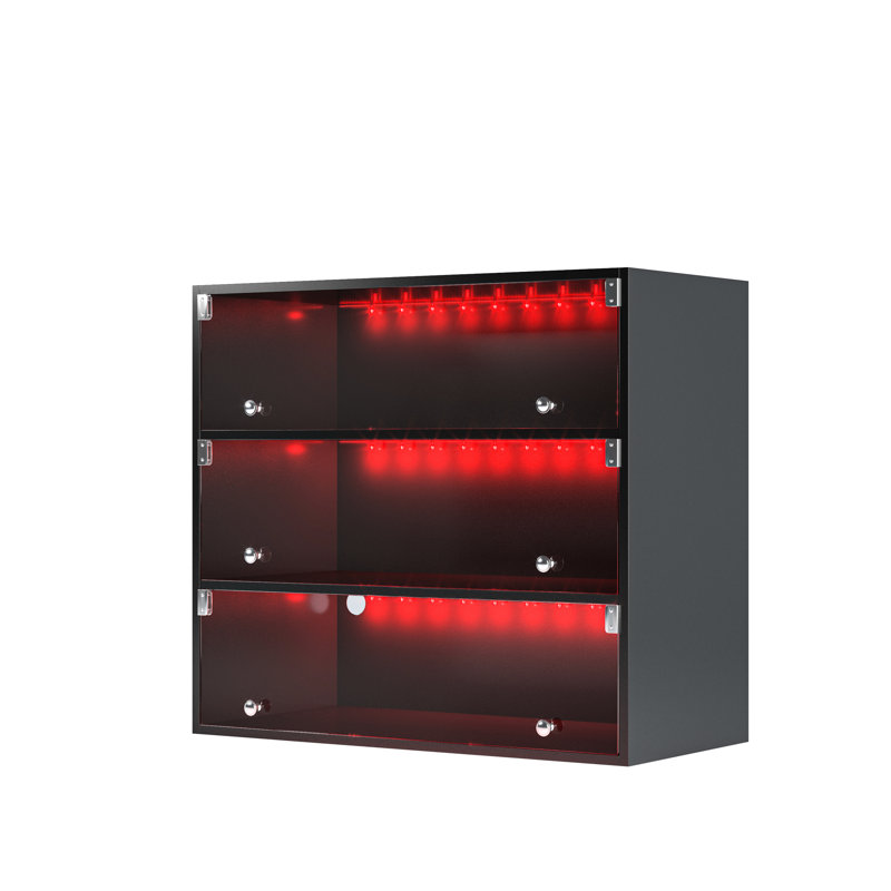 Porte-boîte à chaussures éclairé à DEL noir avec portes en verre - Fabriqué en bois, peut contenir 9 espadrilles, empilable, lumières télécommandées, armoire autoportante, vitrine noire de style américain fabriquée, paires,