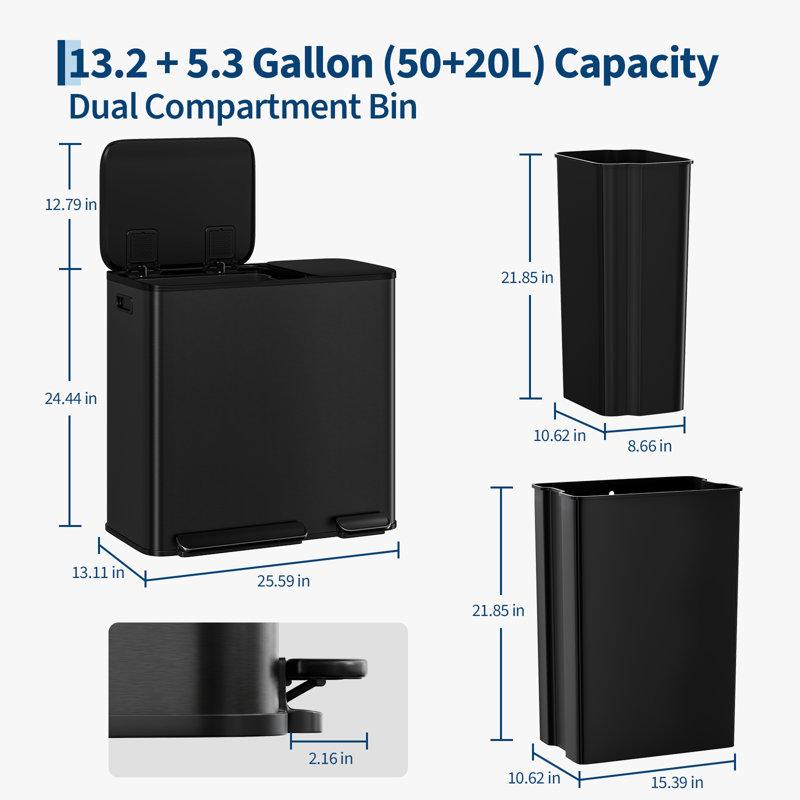 Poubelle de cuisine double 13,2 + 5,2 gal, Noir mat
