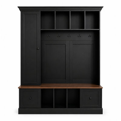 Farmhouse Hall Tree, Entryway Coat Rack with Shoe Storage Bench, 5 Hooks, Cabinet, Drawers, Cubbies