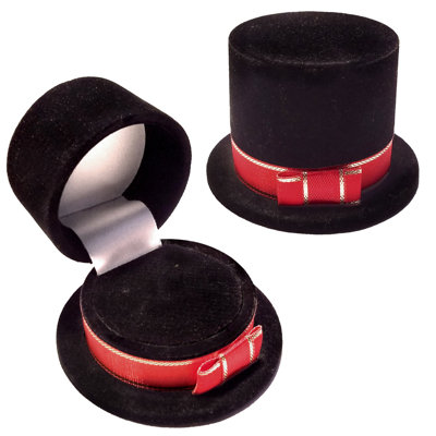 Unique Black Velour Top Hat Gift Box, Ring, Pin