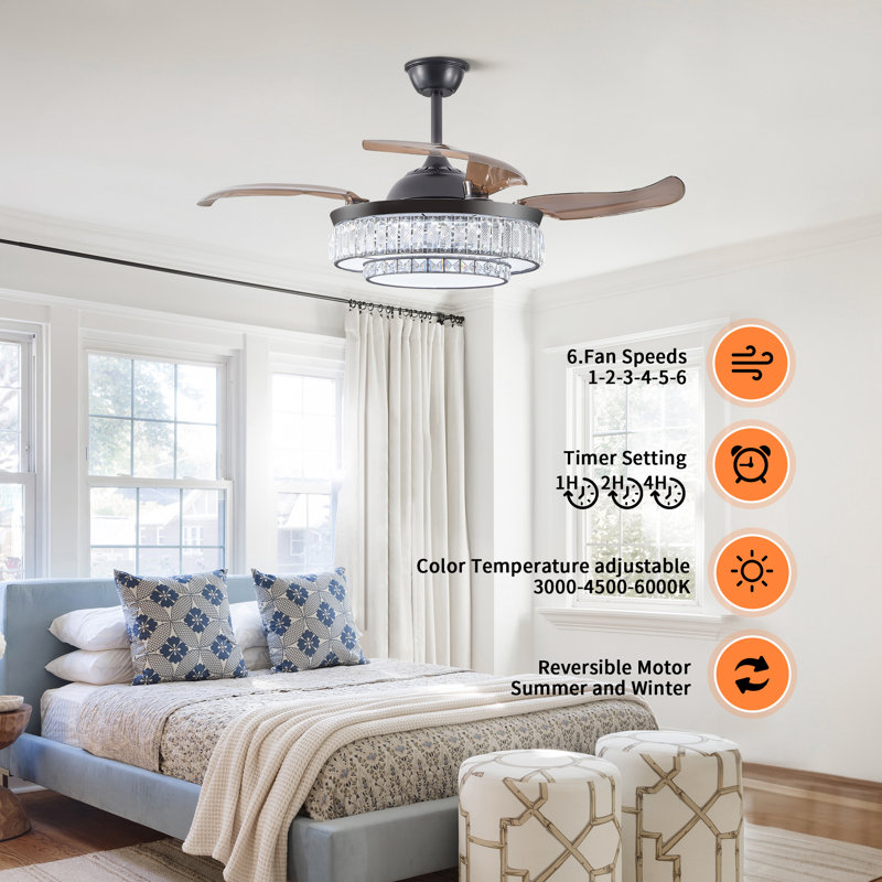 Ventilateur de plafond rétractable avec lumière DEL en cristal et télécommande - Moteur réversible silencieux à 6 vitesses