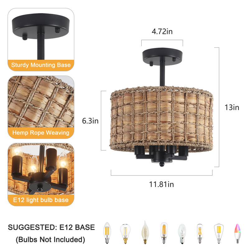 4 - Light 12 inch Boho Natural Rattan Black Chandelier, Dimmable Seagrass Drum Semi Flush Mount Ceiling Light Fixture With E12 Base for Dining Room