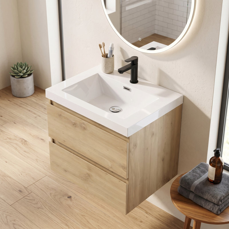 Meuble-lavabo suspendu de 61 cm (24 po), armoire en mélamine de bois avec lavabo intégré en résine et carbonate de calcium