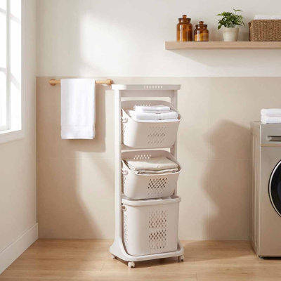 3- Tier Plastic Rolling Laundry Basket With Handles,  Modern Home Organizer Storage Rack