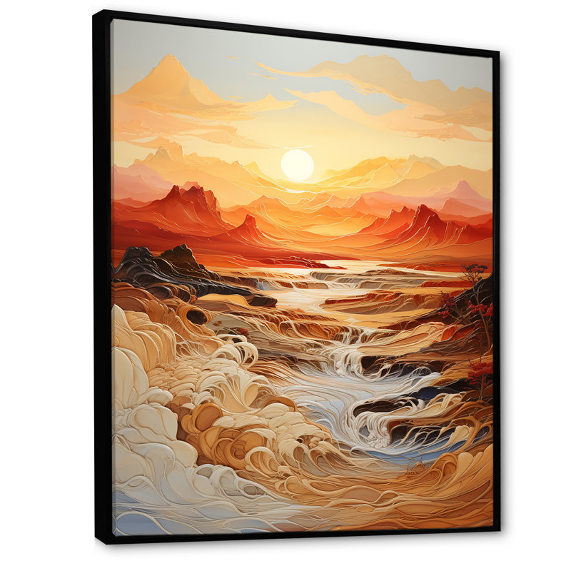 «Orange Bold Waterfall Sunrise I», art mural abstrait, Cadre flottant noir, H 40 po x l 30 po x P 1,5 po