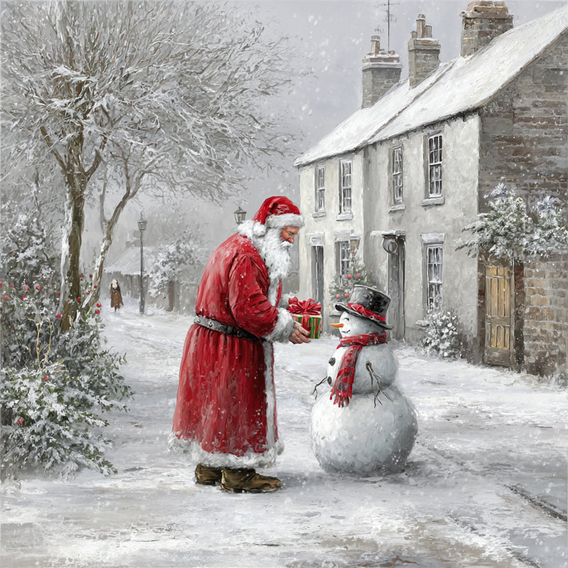«Santa Giving Présent to Snowman», art mural sur toile, H 40 po x l 40 po