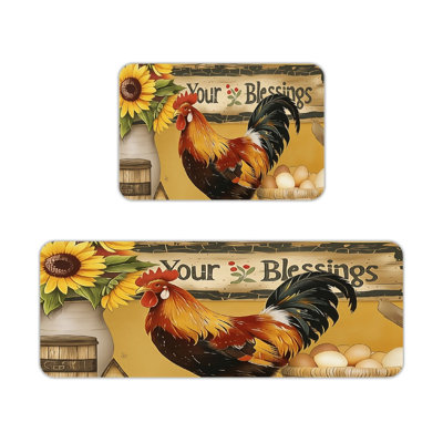 Vintage Farm Rooster Sunflower 2 Pack Kitchen Rugs, Kitchen Backdoor Yellow