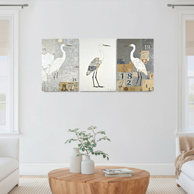 Egret Bird Collage Art Canvas Wrapped Wall Art Oil Painting Print Set Of 3 For Living Room Bedroom Home Decor