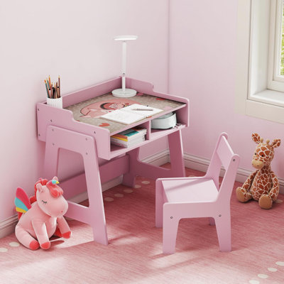 Toddler Table and Chair Set, Wooden Kids Desk and Chair Set, Pink Study Table and Chair Set for Girls, Kids Acitvity Table with Storage for Ages3-8, T by Isabelle & Max