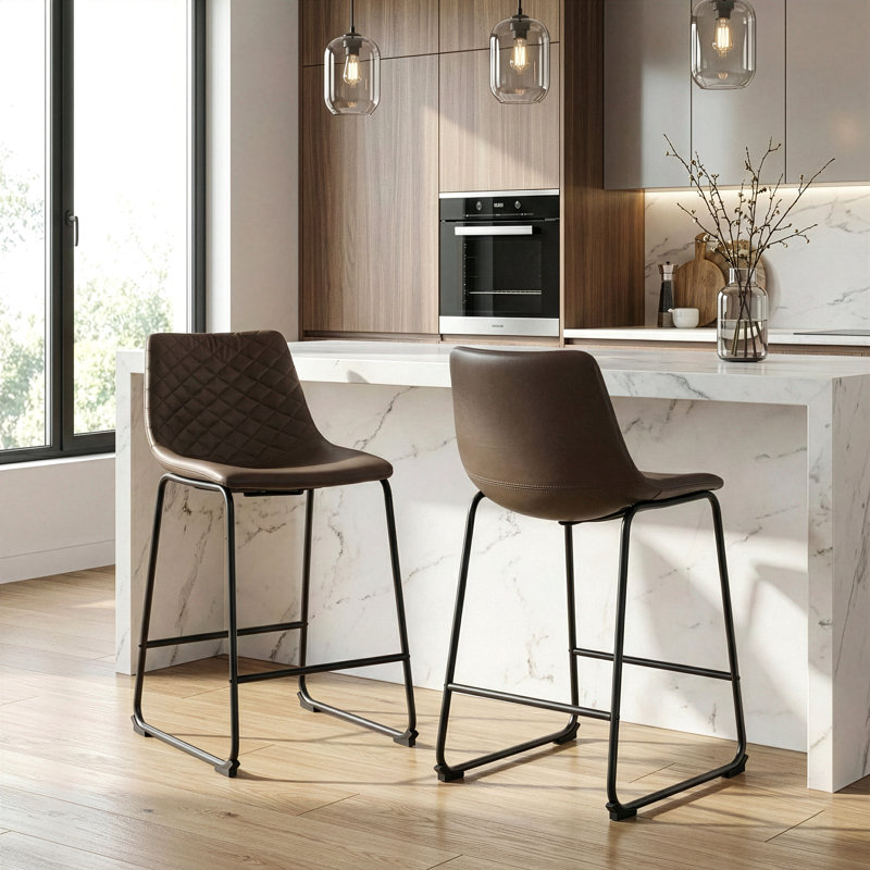 Ensemble de 2 tabourets de comptoir en similicuir avec cadre en fer brun, Brun