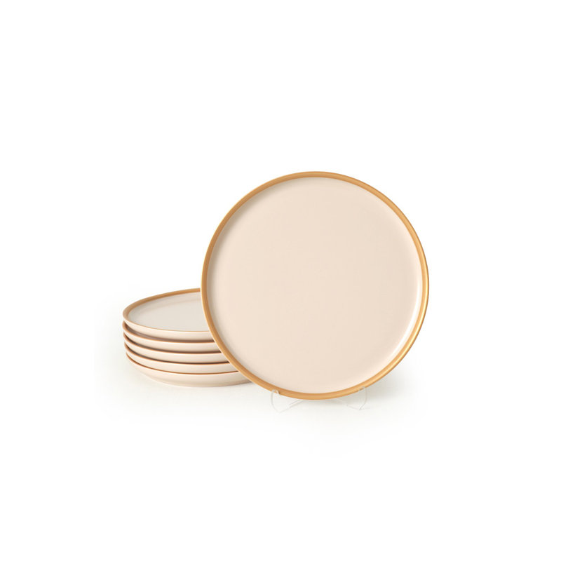 Ensemble de service à gâteaux 6 pièces Elegant, crème et or, 8,7 po x 8,7 po x 1,2 po | 100% céramique antibactérienne, lavable au lave-vaisselle et au micro-ondes, facile à nettoyer, surface durable | Parfait pour les célébrations et l'utilisation quotidienne