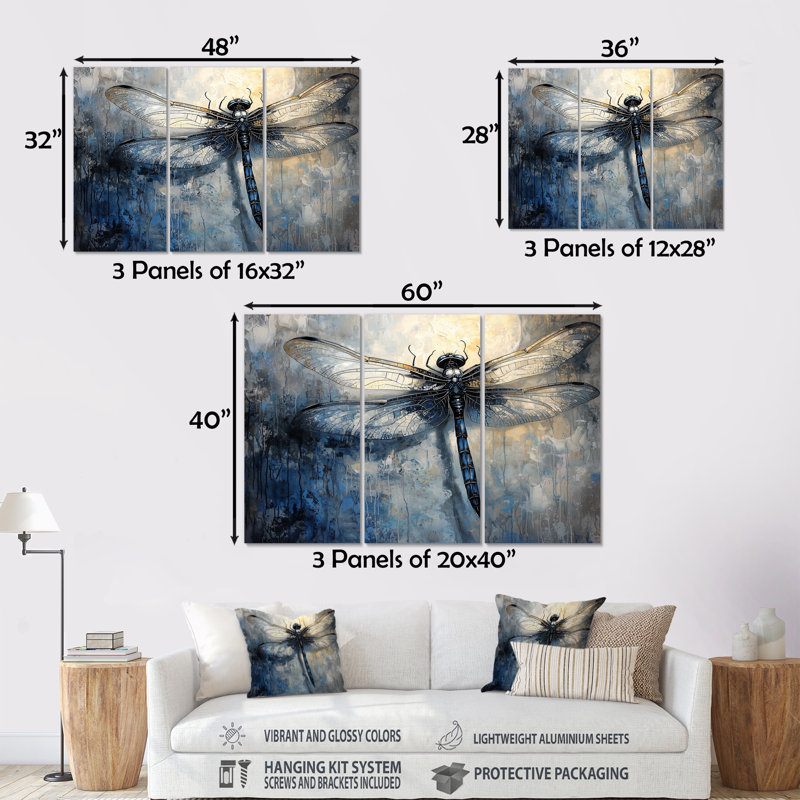 «Bluelflyfly», impression d'art de libellule bleue, H 28 po x l 36 po x P 1 po, Métal métal