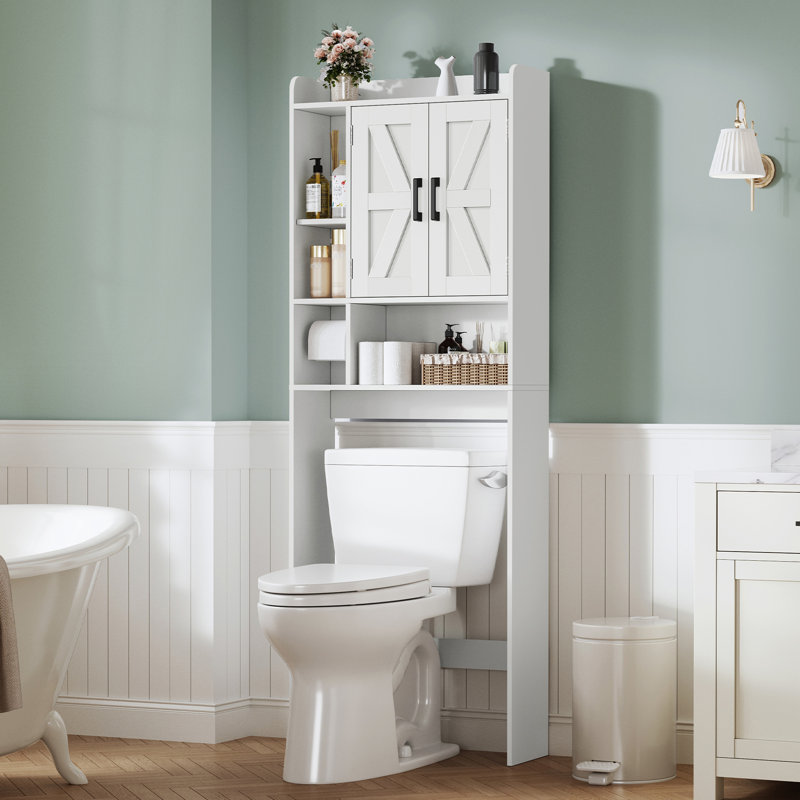 Over The Toilet Storage Cabinet With 4 Open Shelves And Adjustable Shelf, Extra Tall Bathroom Organizer Unit With 2 Barn Doors, Home Space Saver For Bathroom, Laundry Room, White