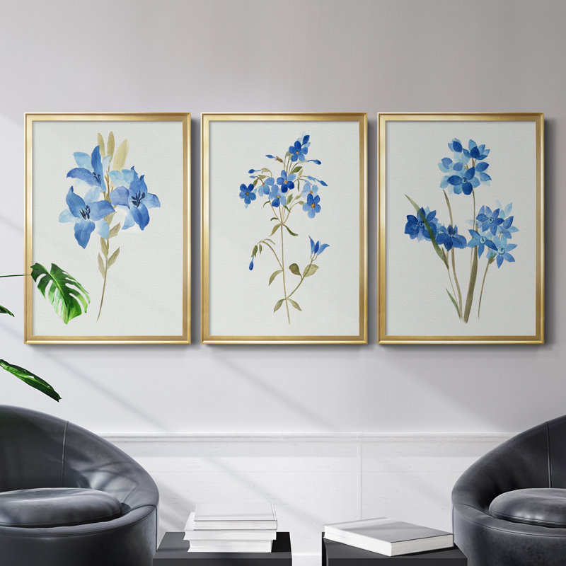«Blue Blossom Botanical I», ensemble de 3 peintures sur toile encadrées, H 26,5 po x l 109,5 po x P 1,5 po