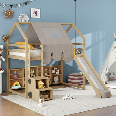 Twin Size Wooden Loft Bed House-Shaped Frame With A Tent, Wood Playhouse Bed Frame by Harper Orchard