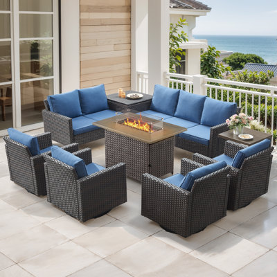 Ensemble de conversation de 9 pièces en forme de U pour terrasse d'extérieur en osier Ingvald