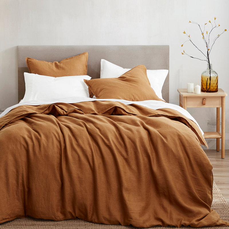 100% Linen French Flax Modern Rustic Farmhouse 3 Piece Duvet Cover Set, King Duvet Cover + 2 King Shams, Caramel