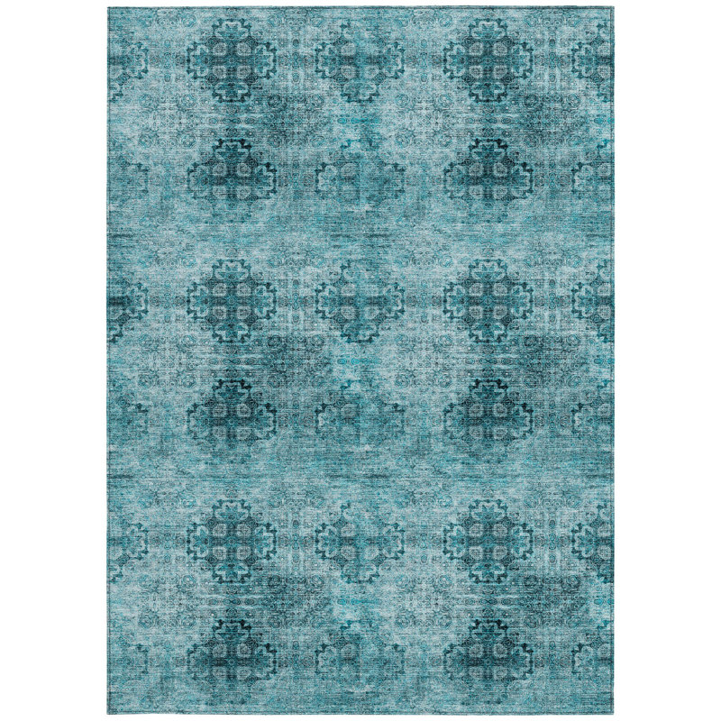 Teal Floral Medallion Washable Non Skid Indoor Outdoor Area Rug, Rectangle 3' X 4'