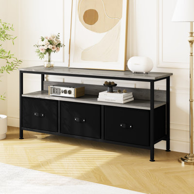 Modern TV Stand with Drawers & Open Shelves – Multi-Functional Entertainment Center– Slim Console for 50-55 Inch TVs – Elegant Black & Gray Board – Gray Board with Black Cloth