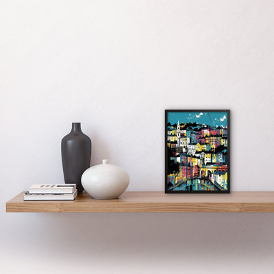 Aarun Modern Vertical Cityscape In Blue Pink And Yellow - Single Picture Frame Print