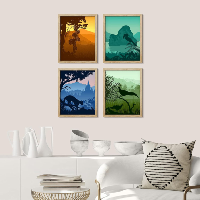 «Jungle tropicale encadrée», ensemble de 4 silhouettes de paysages décorations murales encadrées sur papier, impression de 4 pièces
