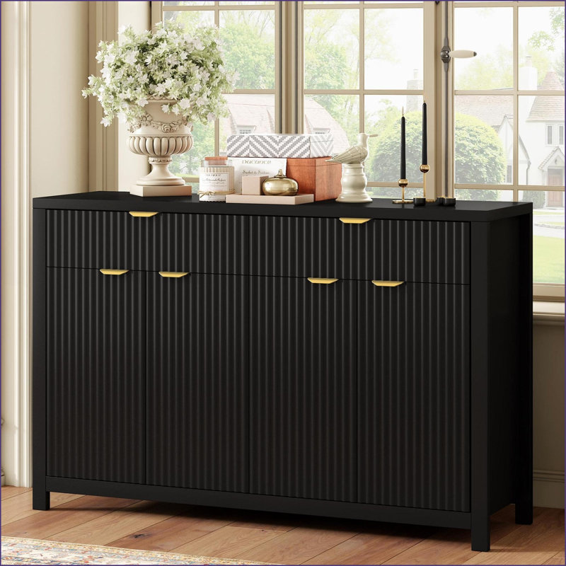 Buffets de style scandinave avec 2 tiroirs, 4 portes, 3 tablettes réglables | Panneau de fibres à densité moyenne | Finition facile à nettoyer