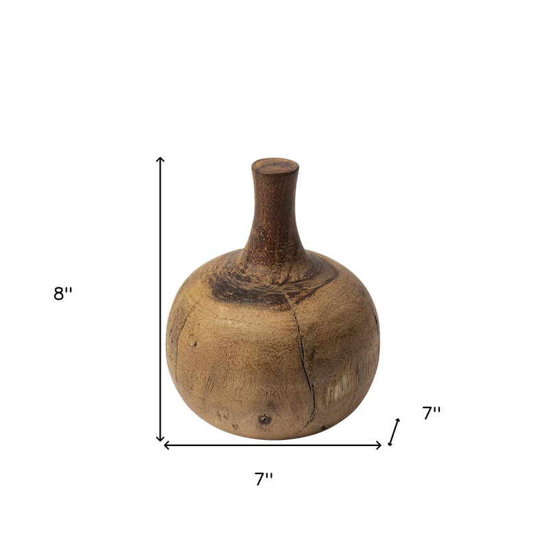 7" Brown Abstract Cylinder Solid Wood Table Vase, 8" H x 7" W x 7" D