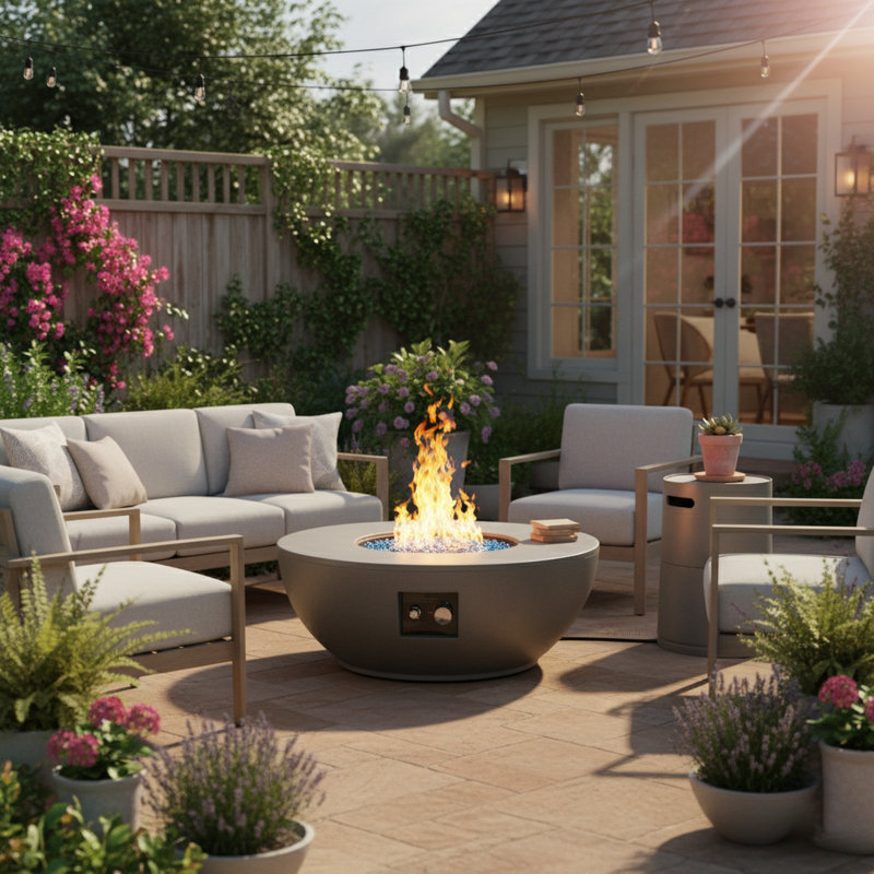15" H x 37” W 2-Pieces Round Outdoor Gas Fire Pit Table Set with Hidden Round Gas Tank Holder as Side table
