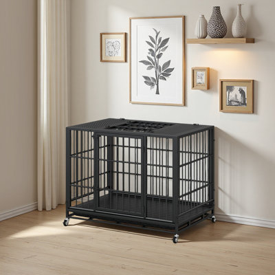 Cage de transport robuste pour chien, chenil mobile avec roues verrouillables et loquet rotatif, cage métallique pour l'intérieur et l'extérieur