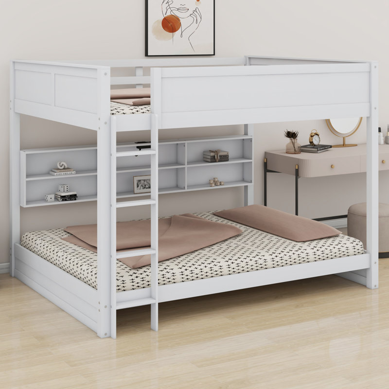 Lit superposé avec armoires de rangement et ports USB, Blanc