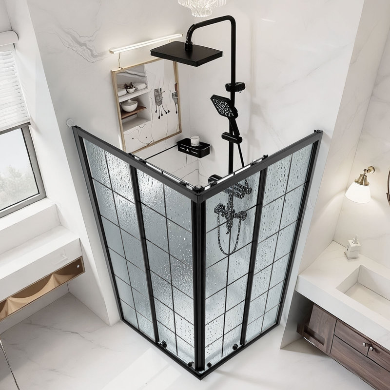Cabine de douche, 89 cm P x 89 cm L x 183 cm H, porte de douche d'angle coulissante double avec cadre en verre trempé transparent de 6 mm, ensemble de salle de bain avec cadre noir mat et poignée en alliage d'aluminium