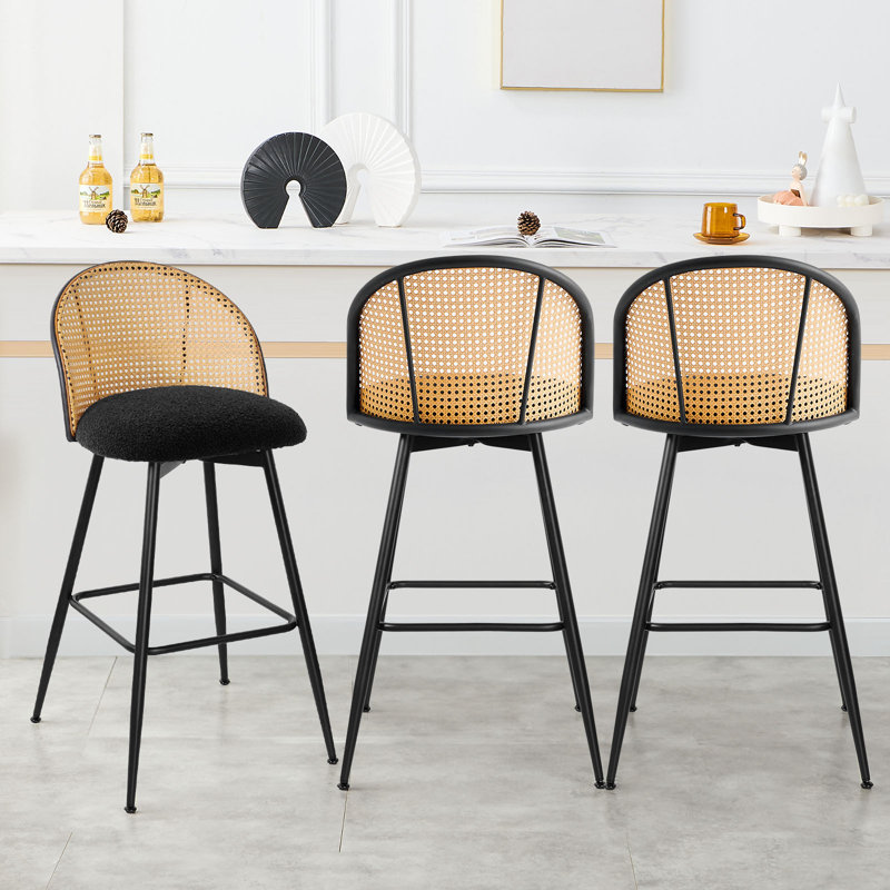 361° Swivel Upholstered Rattan Counter Height Bar Stool, Black/Natural, Noir, Tabouret de bar (siège d'une hauteur de 29 po)