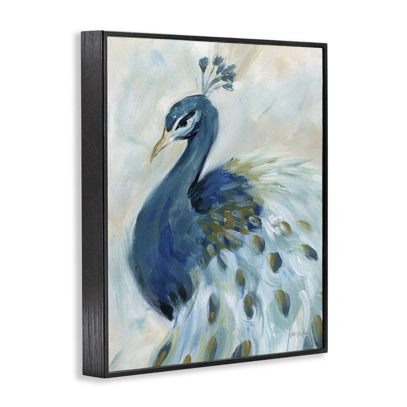 Élégant paon bleu, estampe numérique encadrée par Yvette St. Amant, Giclée encadrée noir minuit, H 14 po x l 11 po