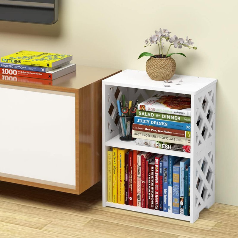 Small Bookshelf For Small Spaces, 2-Tier White Bookcase, C...
