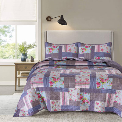 Patchwork Floral Reversible Quilt Set 100% Cotton 3 Piece Lightweight Comforter Bedding Set