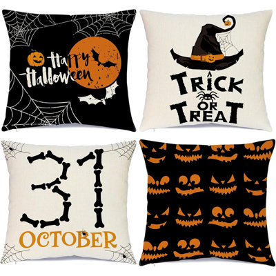 Halloween Decorations Throw Pillow Covers Set Of 4 Happy Halloween Pillow Case Black & Orange For Cushion Sofa Bed Outdoor Decor (16 X 16)