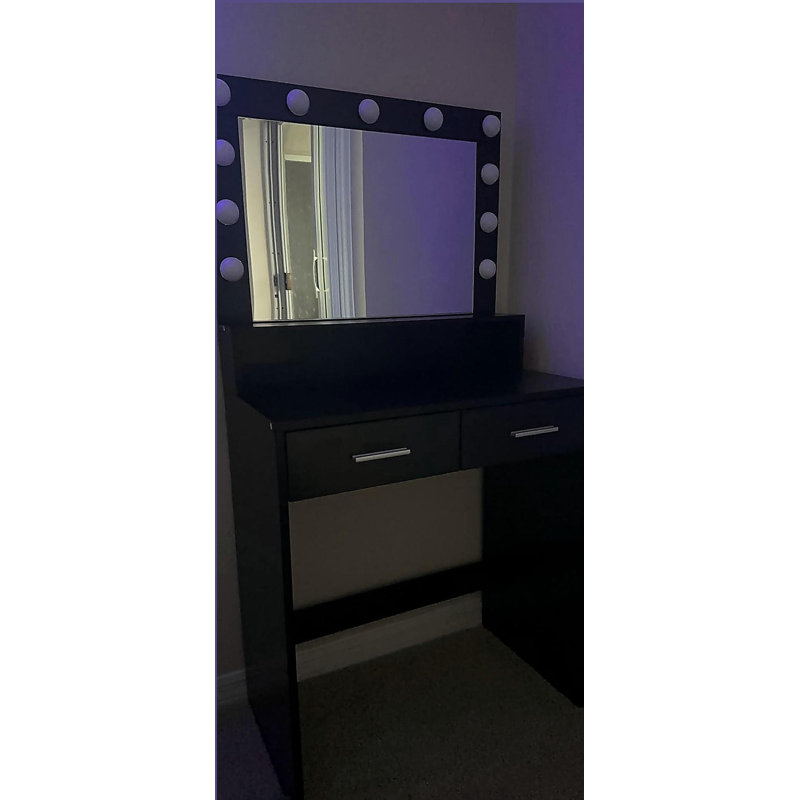Bureau de coiffeuse avec miroir et lumières, coiffeuse avec grand tiroir, commode de rangement à 2 niveaux et 3 modes d'éclairage à luminosité réglable, convient à la chambre à coucher (noir)