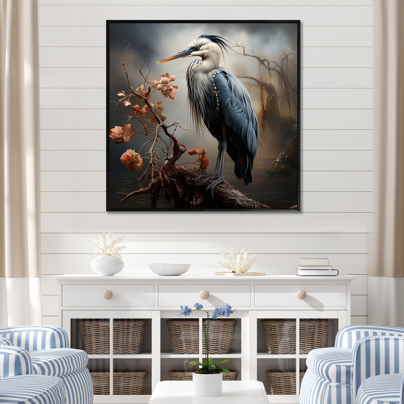 Décoration murale héron gris et bleu à l'étang II - Héron, Cadre flottant noir, H 16 po x l 16 po x P 1 po