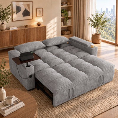 Canapé-lit convertible 65 po Corduroy, causeuse escamotable avec table d'appoint, ports de chargement USB et poche de rangement, canapé-lit moderne