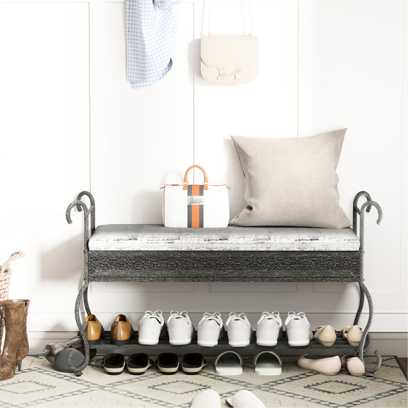 Rustic, Industrial, Step Stool Bench For Entryway, Black Upholstery, Metal Frame, Shelf Storage, Comfortable Seating, Small Spaces Upholstered Rectangular Bench, Silver Accents, Fabric And